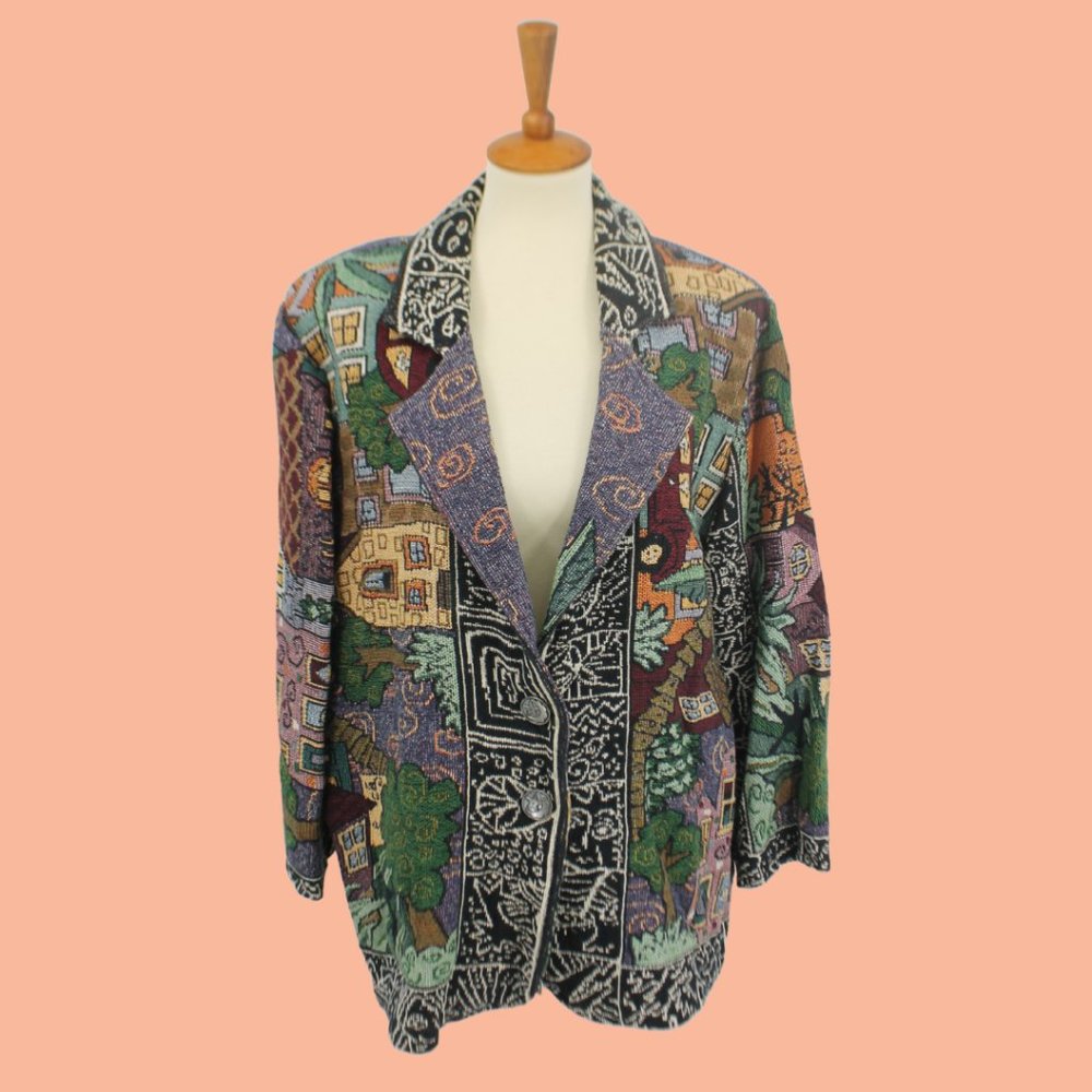 Vintage Blanket Jacket Knit Metal Coin Button L